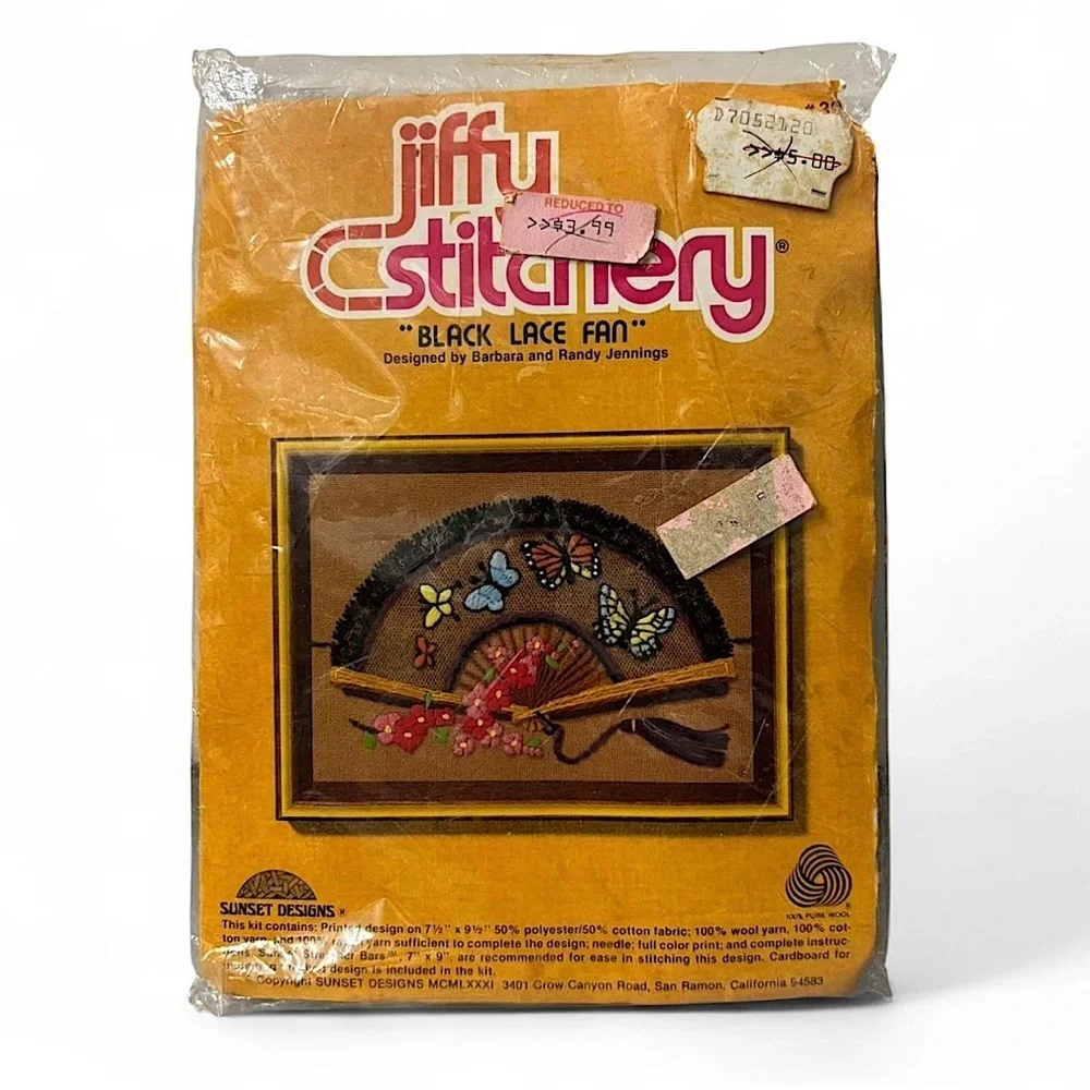 VTG 80s Jiffy Stitchery Crewel Embroidery Kit Black Lace Fan Butterfly Wool Yarn - Picture 1 of 2